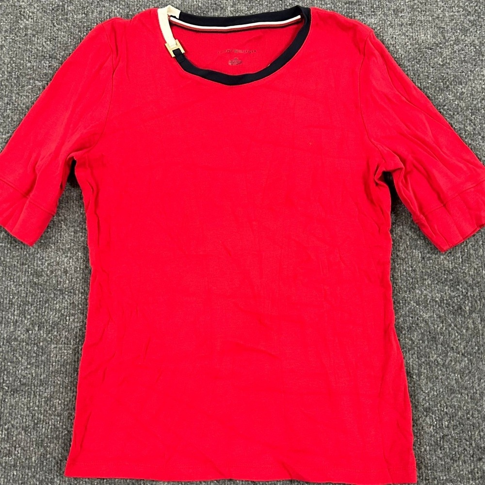 Tommy Hilfiger Shirt Womens Size L Red Cotton Ribbed Nautical Short Sleeve Top